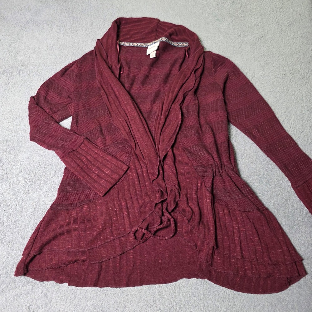 Knox Rose Womens Medium Cardigan Burgundy Open Front Ruffle Hem Textured Knit
